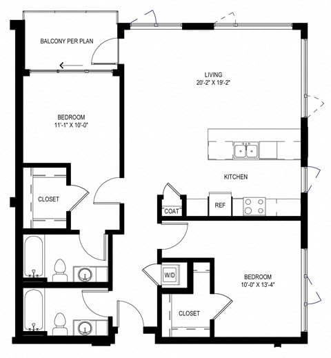 Floor plan for 2 beds, 2 baths, 1105 sqft
